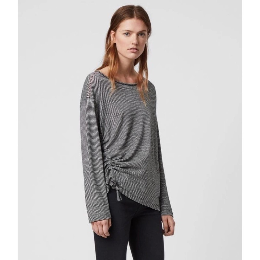 AllSaints Ryder Top Blouse Linen Striped Long Sleeve Tie Small Black White NWT